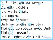 Apprendre à lire avec Unik et Tipi - Histoire à lire 2 avec le son ch : Tipi a vu un chat - Méthode de lecture syllabique et visuelle Alvea.com