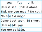 Learn to read with phonics visually-Apprendre l'anglais en images visuellement-Lire le texte avec le son y de you : Come back Tipi !